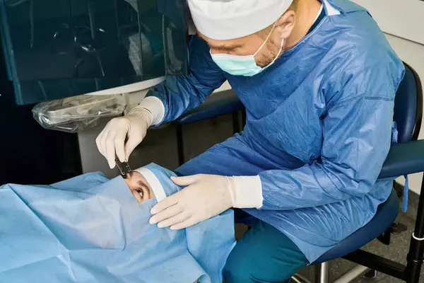 Cirurgião de vestido realiza cirurgia de correção de visão a laser na cabeça do paciente. — Fotografia de Stock