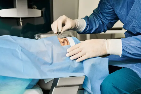 Surgeon in gown performing intricate surgery. — Stock Photo