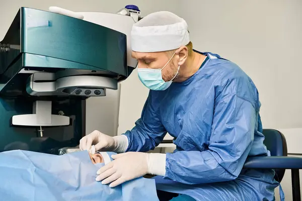 Uma pessoa em um vestido cirúrgico opera uma máquina de correção de visão a laser. — Fotografia de Stock