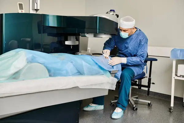 Un homme en blouse s'assoit paisiblement dans un lit d'hôpital. — Photo de stock