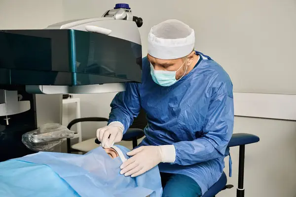 Un cirujano experto en una bata quirúrgica que opera una máquina de precisión. - foto de stock