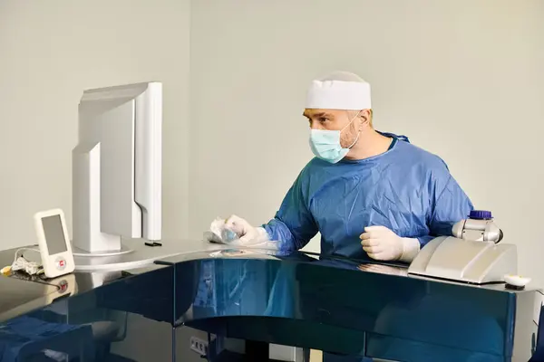 Un homme dans un masque chirurgical faisant fonctionner une machine avec concentration et précision. — Photo de stock