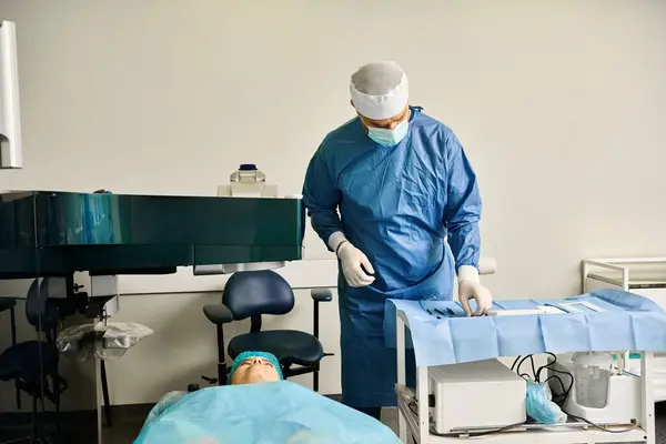 Une femme en robe d'hôpital effectue une correction de la vue au laser. — Photo de stock