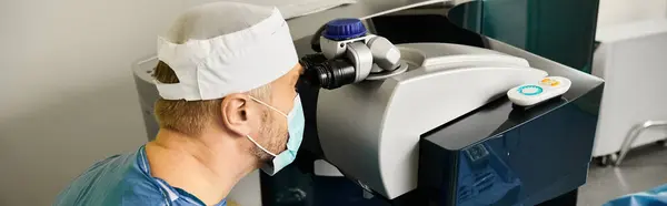Un uomo con una maschera chirurgica che aziona una macchina. — Foto stock