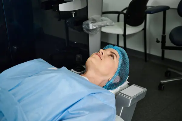 Une femme dans un lit d'hôpital portant une casquette bleue au repos. — Photo de stock