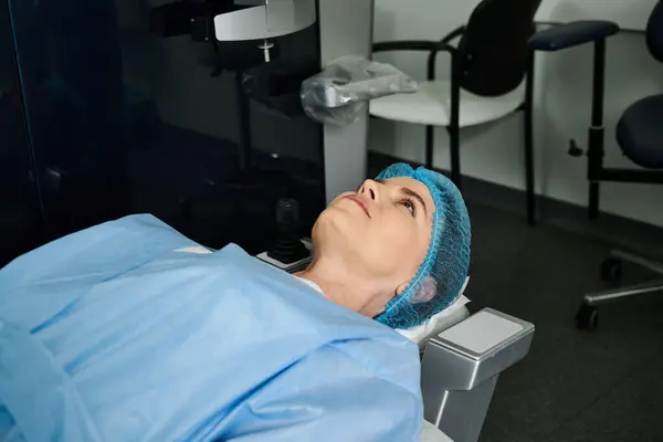 Uma mulher em uma cama de hospital usando um boné azul enquanto descansa. — Fotografia de Stock