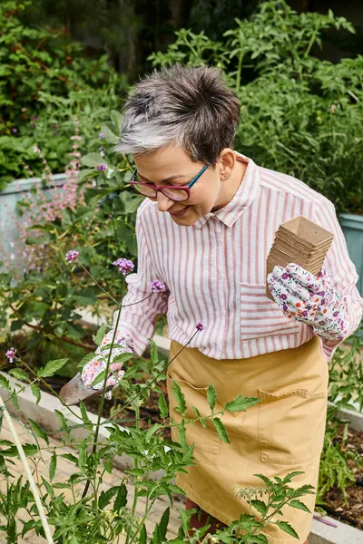 Attraente donna jolly maturo con occhiali e guanti utilizzando attrezzature giardinaggio sui suoi fiori — Foto stock