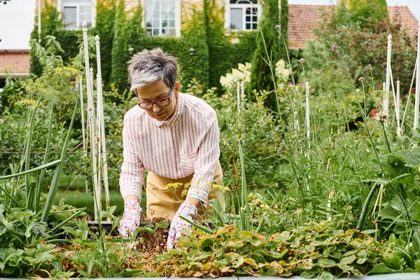 Mujer madura feliz de buen aspecto con gafas trabajando en su jardín verde vívido y sonriendo alegremente - foto de stock