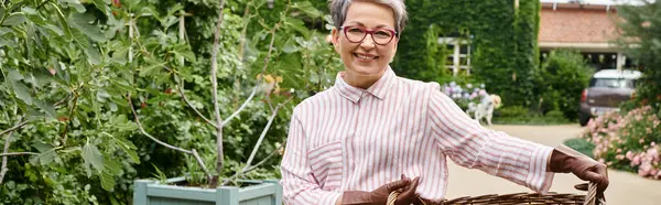 Fröhliche reife Frau hält großen Strohkorb in der Nähe ihres Hauses in England und lächelt in die Kamera, Banner — Stockfoto