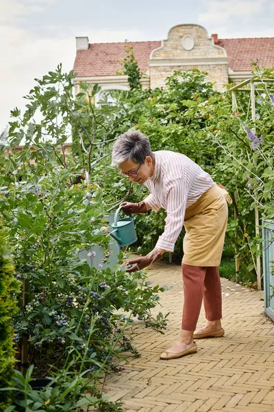 Atractiva mujer madura alegre con elegantes vasos regando plantas en su jardín en Inglaterra - foto de stock