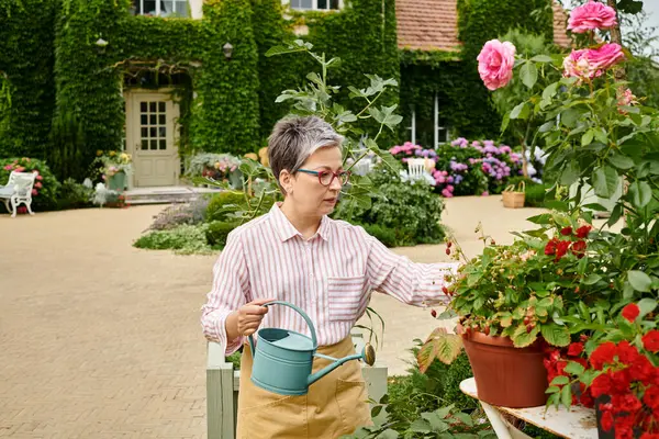 Красивая, веселая, зрелая женщина поливает свои яркие цветы в своем саду в Англии — стоковое фото