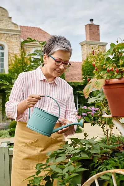 Красивая счастливая зрелая женщина поливает свои яркие цветы в своем саду в Англии — стоковое фото