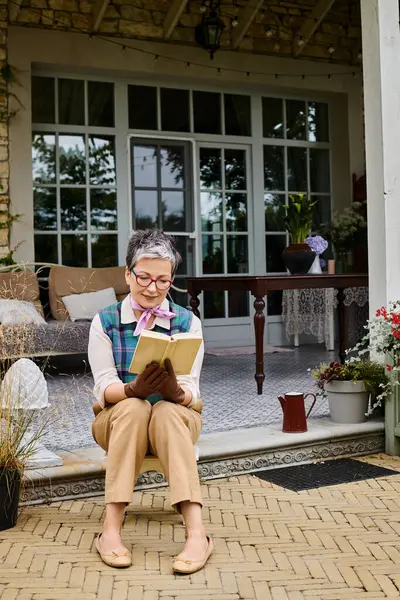 Витончена зріла радісна жінка в окулярах читає книгу біля свого будинку в сільській Англії — стокове фото