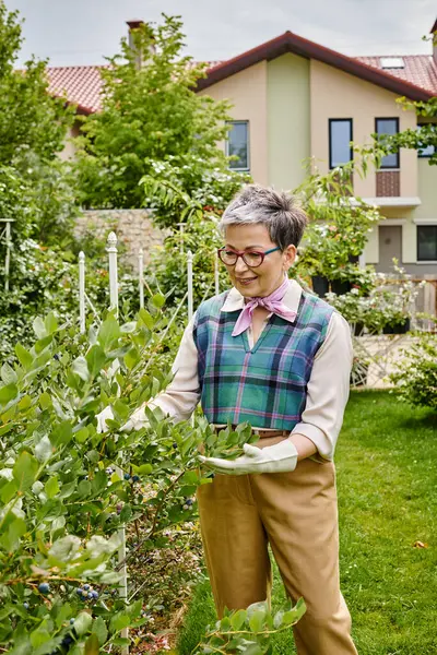 Sophisticated joyous mature woman with short hair in elegant vivid attire taking care of her plants — Stock Photo