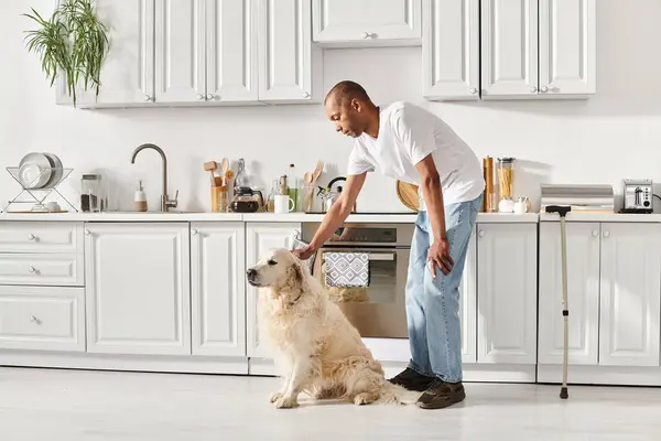 Um homem afro-americano deficiente com miastenia gravis acariciando seu cão Labrador em uma cozinha quente. — Fotografia de Stock