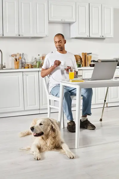 Інвалідний афроамериканський чоловік співпрацює зі своїм вірним собакою Лабрадором, працюючи на ноутбуці за столом. — стокове фото