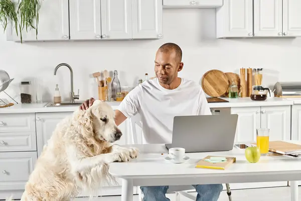 A disabled African American man sits at a table with a laptop, accompanied by a loyal Labrador dog. — Stock Photo