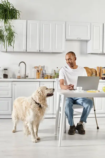 Африканський американець сидить за столом з ноутбуком у супроводі свого вірного собаки Лабрадора, створюючи сцену різноманітності та фокусу. — стокове фото