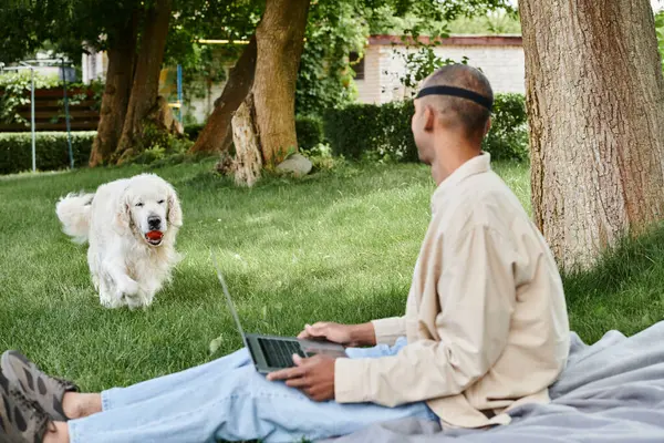 Hombre afroamericano con miastenia gravis se sienta en la hierba con el ordenador portátil, acompañado de leal perro Labrador. - foto de stock