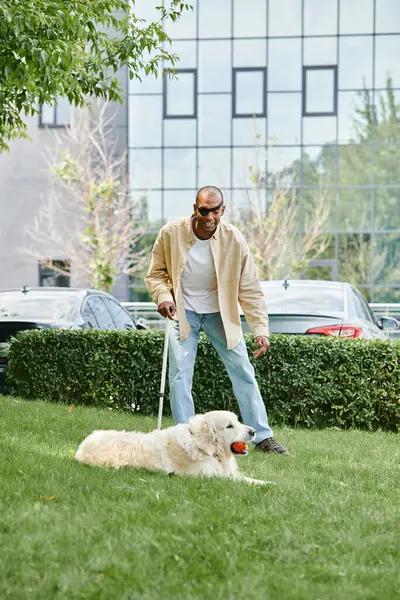 Un uomo afroamericano con miastenia gravis porta il suo leale cane Labrador al guinzaglio attraverso un lussureggiante campo erboso. — Foto stock