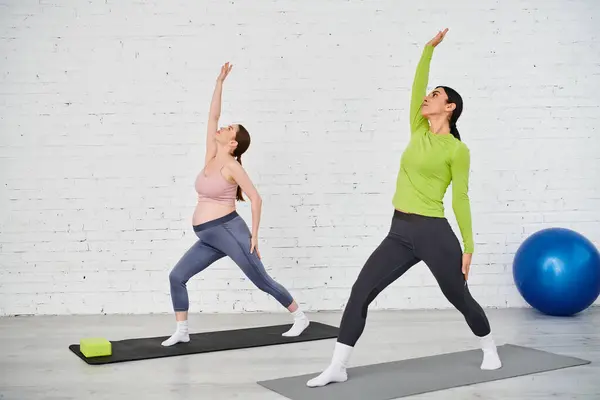 Две женщины изящно практикуют йогу на коврике, воплощая баланс и сосредоточенность в своих движениях. — стоковое фото