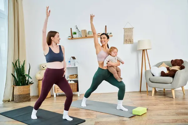 A group of women gracefully practicing yoga together in a warm and inviting living room, led by their instructor. — Stock Photo