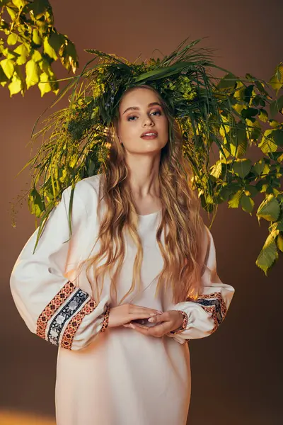 Um jovem mavka exalando graça e beleza em um vestido branco adornado com detalhes intrincados em um cenário estúdio caprichoso. — Fotografia de Stock