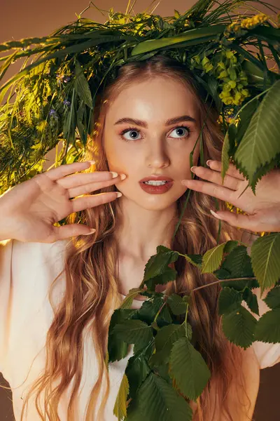 Eine junge Mavka umarmt ihre Verbindung zur Natur mit langen Haaren und einem Kranz auf dem Kopf in einer märchenhaften und fantasievollen Umgebung. — Stockfoto