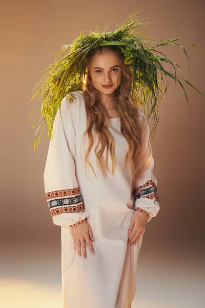 Молода мавка в білій сукні носить витію рослинну корону в казковому і фентезі студії. — стокове фото