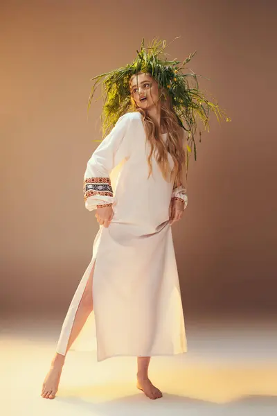 Joven mavka en un vestido blanco equilibra elegantemente una planta en su cabeza en una exhibición caprichosa y encantadora. - foto de stock