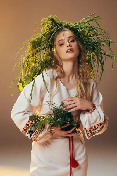 Une jeune fille ornée d'une robe blanche tient délicatement une plante vibrante dans un cadre de studio serein. — Photo de stock