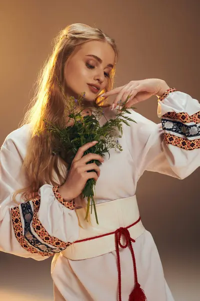 Une jeune femme en robe blanche tient un bouquet de fleurs dans un décor de studio de fées et de fantaisie. — Photo de stock