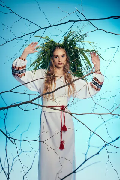 Eine junge Mavka, drapiert in einem traditionellen Gewand mit kunstvollen Details, steht anmutig vor ineinander verschlungenen Zweigen. — Stockfoto