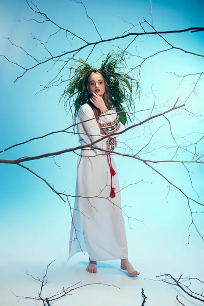 Uma jovem mulher em um vestido branco fica graciosamente na frente de uma árvore majestosa, exalando uma vibração etérea. — Fotografia de Stock