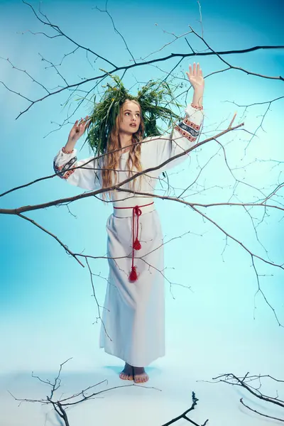 Молодая женщина в традиционном наряде, украшенная волшебным венком и фантазией, грациозно стоит перед ветвями. — стоковое фото