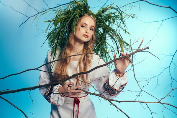 Una joven mavka, adornada con atuendo tradicional, sosteniendo elegantemente una rama con una corona sobre su cabeza en un ambiente místico de estudio. - foto de stock