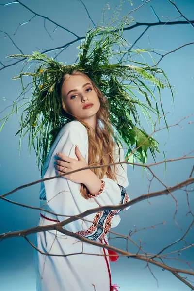 Jeune mavka en tenue traditionnelle se tient devant un arbre, feuilles ornant sa tête comme une couronne naturelle. — Photo de stock