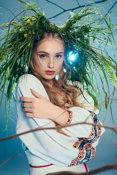 Une jeune femme en tenue traditionnelle ornée d'une couronne ornée dans un décor de studio de fées et de fantaisie. — Photo de stock