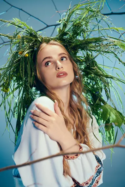 Eine junge Mavka in traditionellem Outfit, mit langen wallenden Haaren, hält eine mystische Flasche in einem Märchen- und Fantasiestudio. — Stockfoto