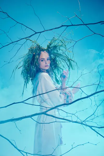 A young mavka in traditional fairy outfit stands confidently in a tree, her long hair flowing in the wind. — Stock Photo