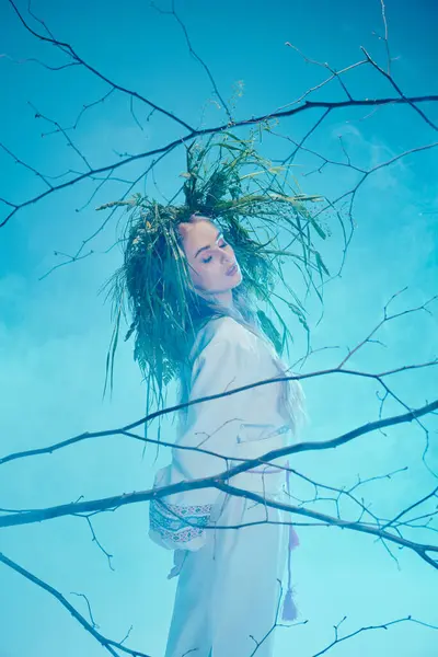 Uma jovem mulher em um traje tradicional em pé graciosamente entre os ramos de uma árvore em um cenário de estúdio inspirado em fadas e fantasia. — Fotografia de Stock