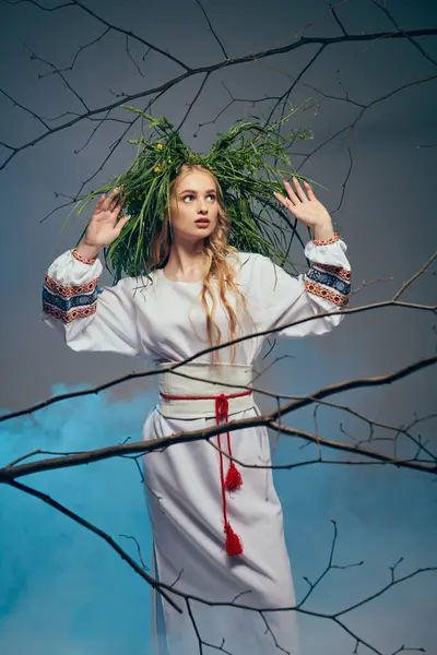 Um jovem mavka em um vestido branco adorna sua cabeça com uma coroa de folhas em um cenário de estúdio inspirado em fadas e fantasia. — Fotografia de Stock