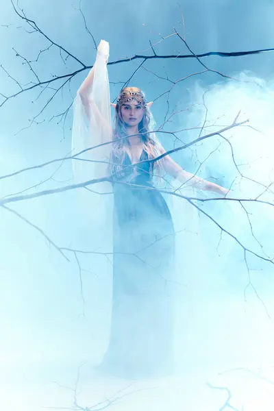 Uma jovem mulher em um vestido azul, semelhante a uma princesa elfo, fica graciosamente em uma névoa mística, exalando um encanto etéreo. — Fotografia de Stock