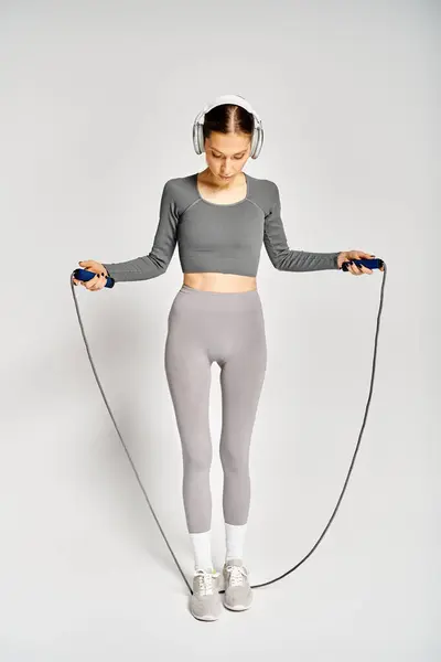 Sportliche junge Frau in aktiver Kleidung, hält Springseil in der Hand, hört Musik über Kopfhörer auf grauem Hintergrund. — Stockfoto