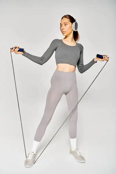 Giovane donna sportiva in abbigliamento attivo, tenendo la corda per saltare, ascoltando musica su sfondo grigio. — Foto stock