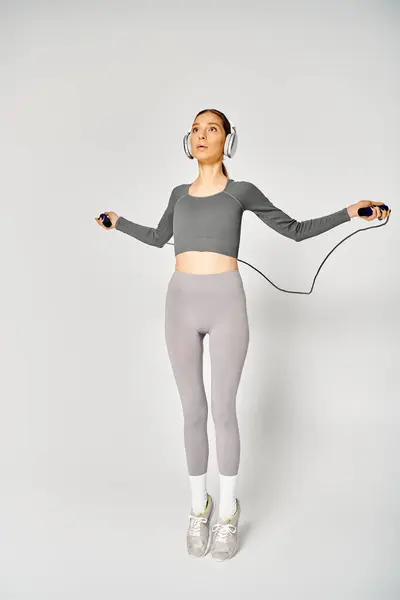 Une jeune femme sportive portant un haut gris écoute de la musique à travers des écouteurs sur un fond gris serein. — Photo de stock