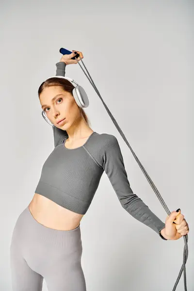 Una giovane donna sportiva in abbigliamento attivo tiene un paio di attrezzi da ginnastica su uno sfondo grigio. — Foto stock