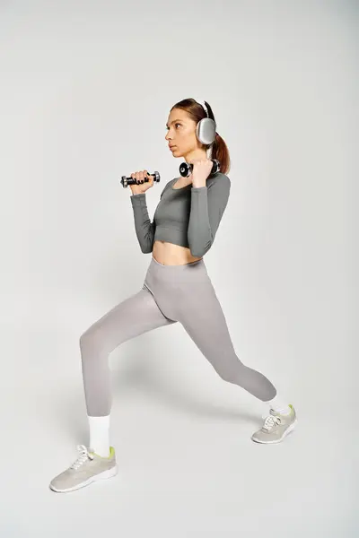 Спортивна молода жінка в активному носінні енергійно виконує вправи, вдягаючи навушники на сірому фоні. — стокове фото