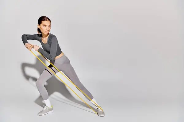 A sporty young woman in active wear confidently working out with resistance band on a grey background. — Stock Photo