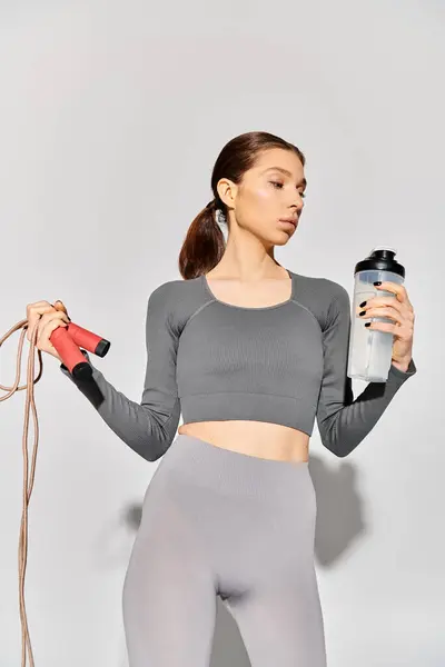 Uma jovem esportiva em desgaste ativo segura uma garrafa de água e pular corda, pronta para um treino em um fundo cinza. — Fotografia de Stock